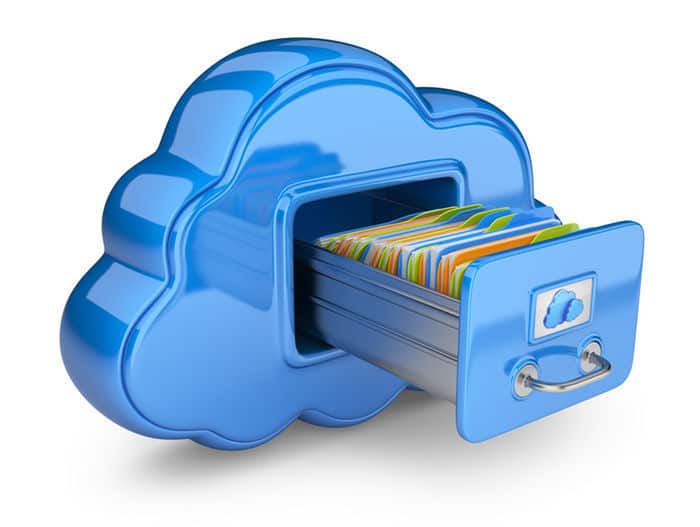 graphic of blue cloud with storage drawer opened in it with colorful files inside