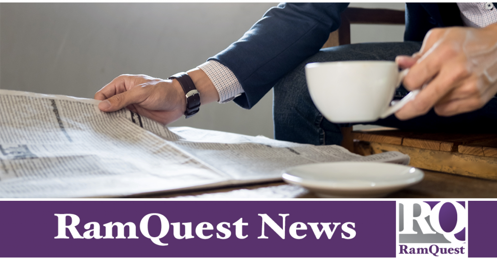 man reading newspaper and drinking coffee, with RamQuest News text below image