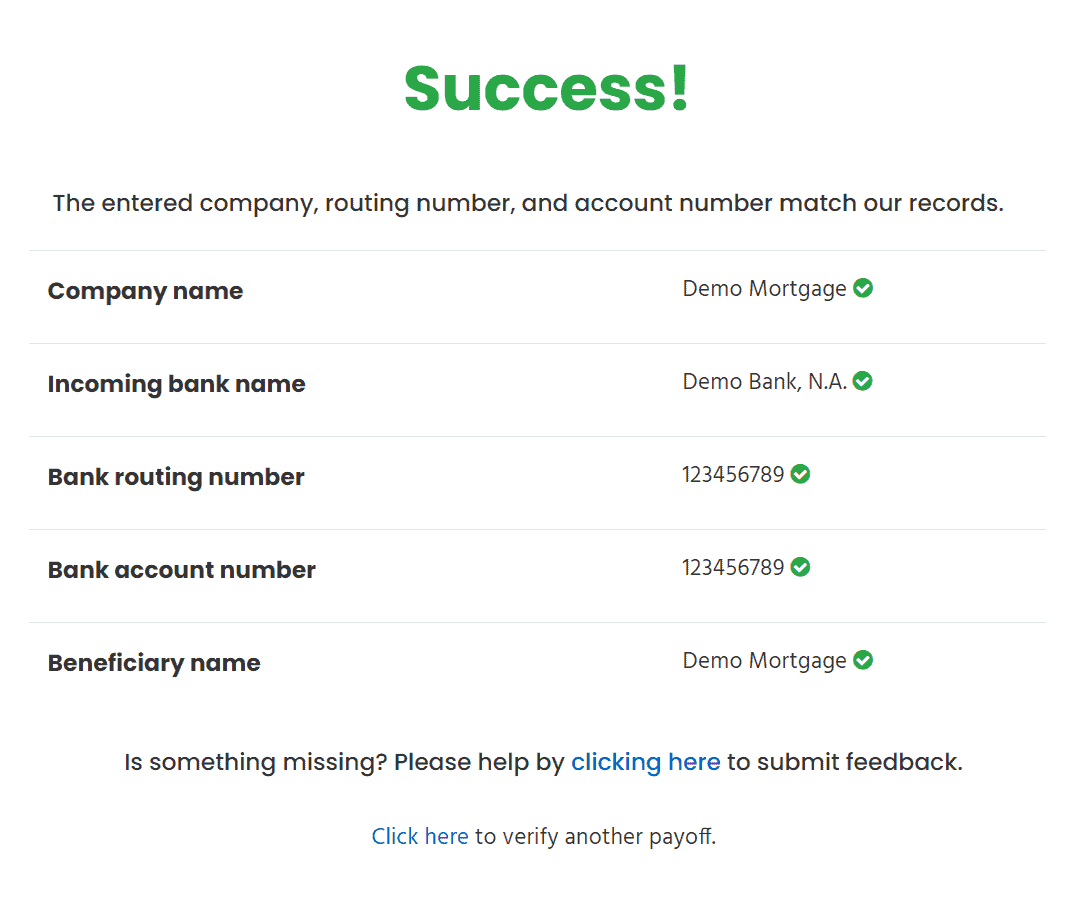 Success page for verifying real estate payoff transactions