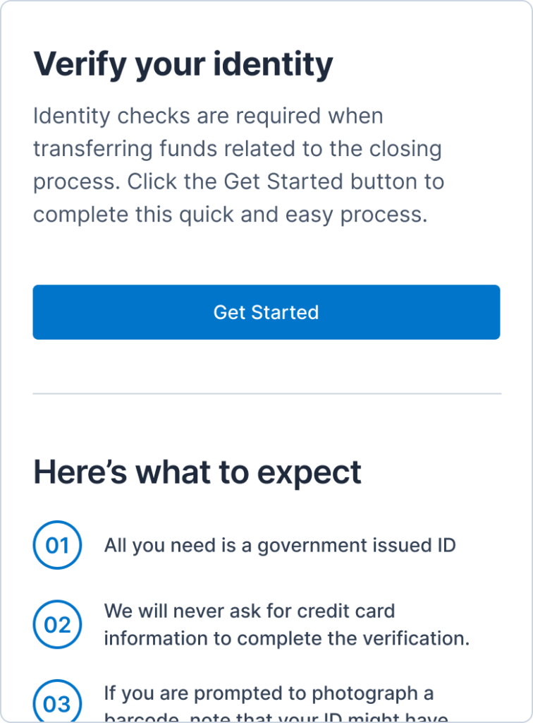 Expectations are outlined prior to starting the identity verification process.