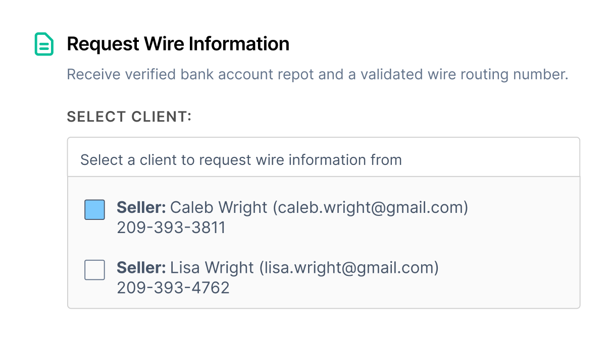 Select the seller you'd like to request wire instructions from.